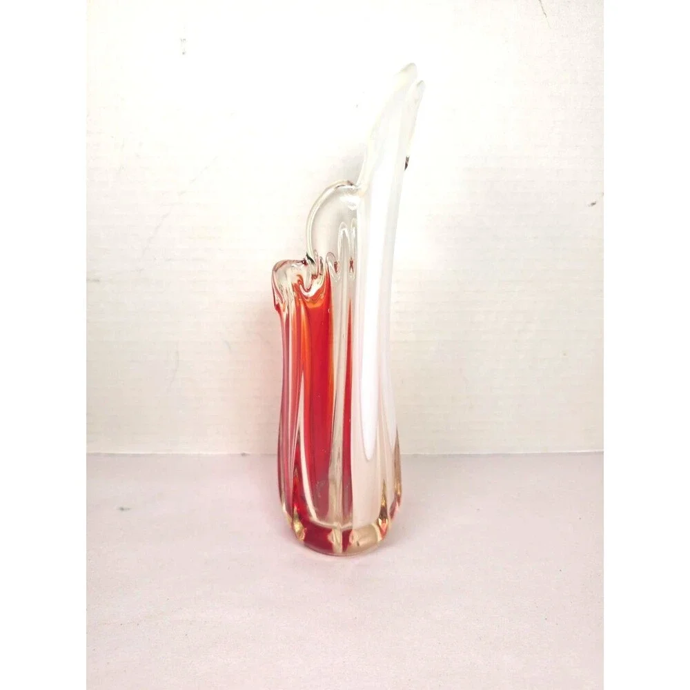 Vintage Murano Style Red Clear White Art Glass Bud Vase 9